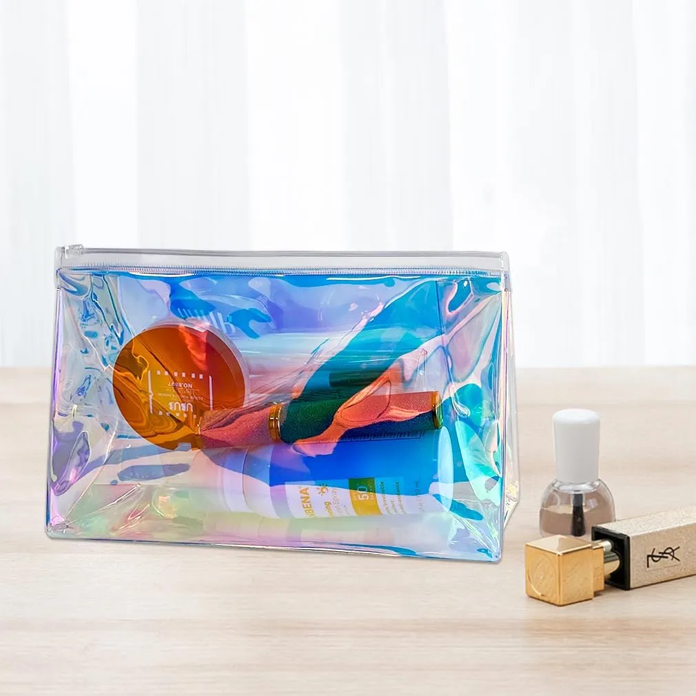 5PCS Holographic Clear Makeup Bag Bulk,Zipper Portable Waterproof Toiletry Pouch,Iridescent Storage Cosmetic Bags for Women (Dark Green-5pcs)