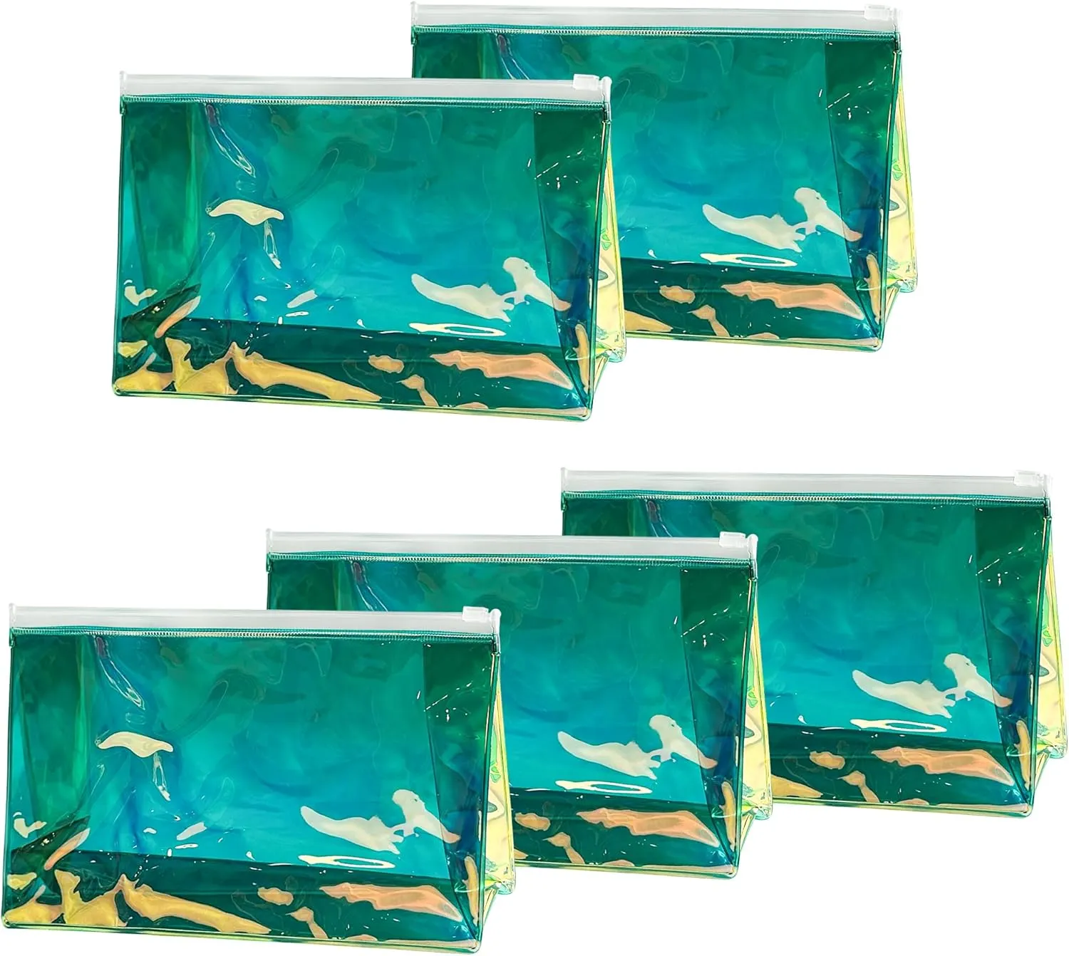 5PCS Holographic Clear Makeup Bag Bulk,Zipper Portable Waterproof Toiletry Pouch,Iridescent Storage Cosmetic Bags for Women (Dark Green-5pcs)