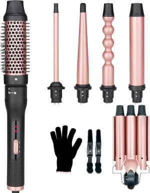 6 in 1 Curling Iron Set, Hair Curling Wand with Thermal Brush and 5 Interchangeable Ceramic Wand Curling Set (0.35"-1.25") Fast Heating Dual Voltage Hair Styling Tools