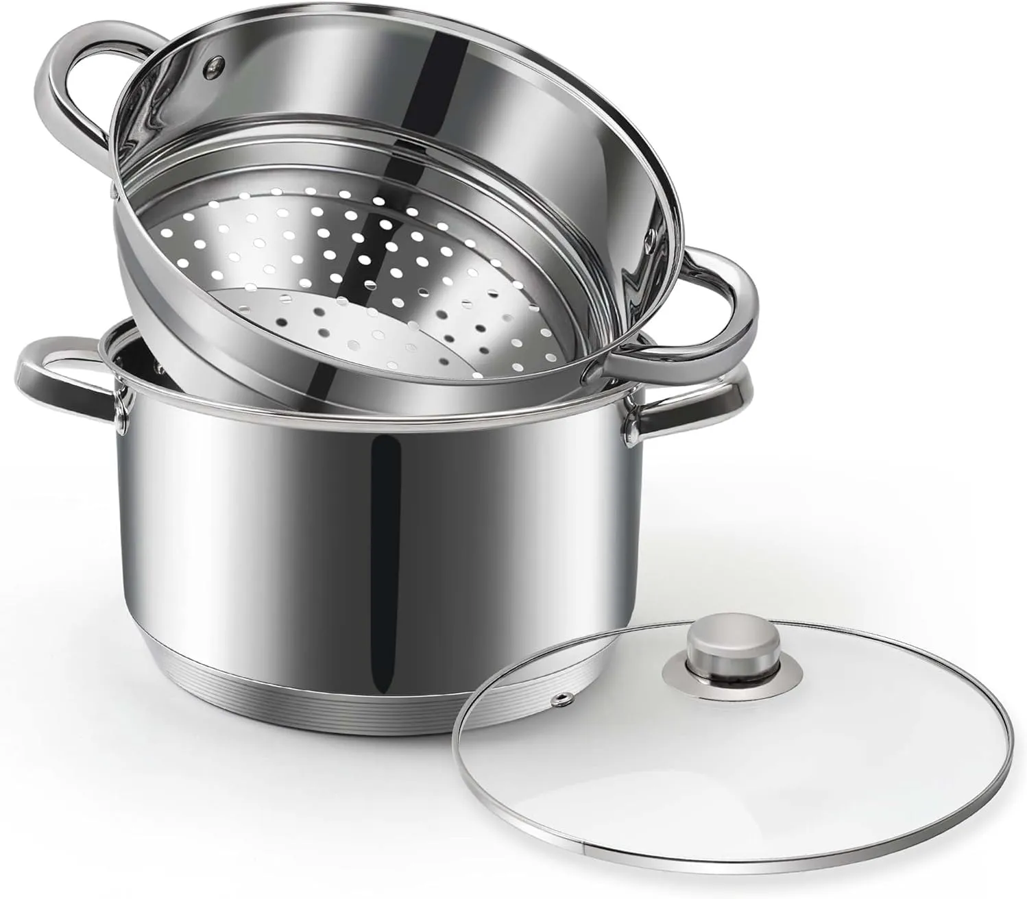 6 QT Stainless Steel Cookware Set, 3-Piece Multipurpose Stock Pot with Steamer Pot and Tempered Glass Lid, Stainless Steel Handle, Work with Gas Electric Induction Stove