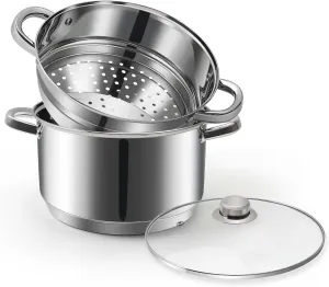 6 QT Stainless Steel Cookware Set, 3-Piece Multipurpose Stock Pot with Steamer Pot and Tempered Glass Lid, Stainless Steel Handle, Work with Gas Electric Induction Stove