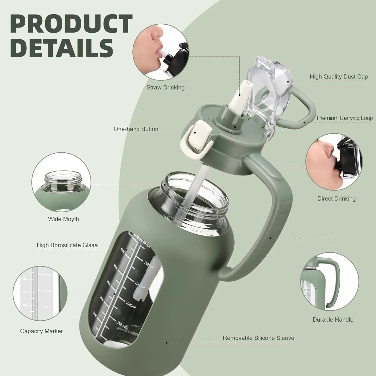 64 oz Glass Water Bolttles Half Gallon Large Motivational Water Bottle with Time Marker Sports Water Bottles with Silicone Sleeve and Handle Lid Water Jug for Gym Workout-1 Pack