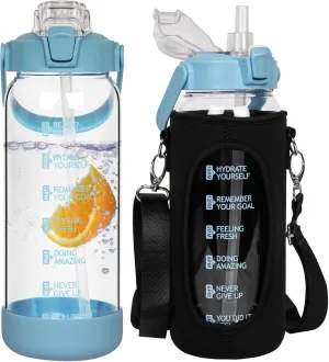 64 oz Glass Water Bottle with Straw and Time Marker, Half Gallon Large Motivational Borosilicate Glass Drinking Bottle with Silicone Boot and Sleeve