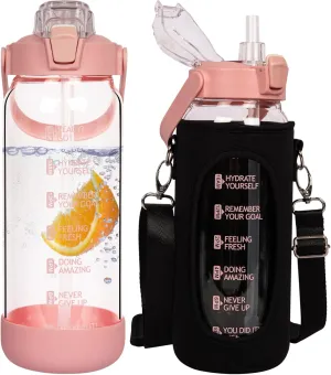 64 oz Glass Water Bottle with Straw and Time Marker, Half Gallon Large Motivational Borosilicate Glass Drinking Bottle with Silicone Boot and Sleeve