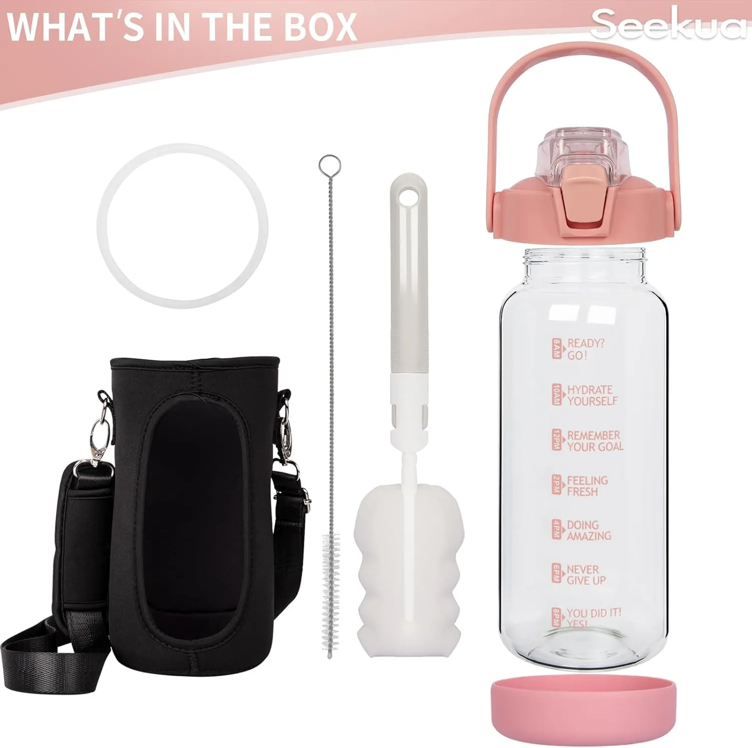 64 oz Glass Water Bottle with Straw and Time Marker, Half Gallon Large Motivational Borosilicate Glass Drinking Bottle with Silicone Boot and Sleeve