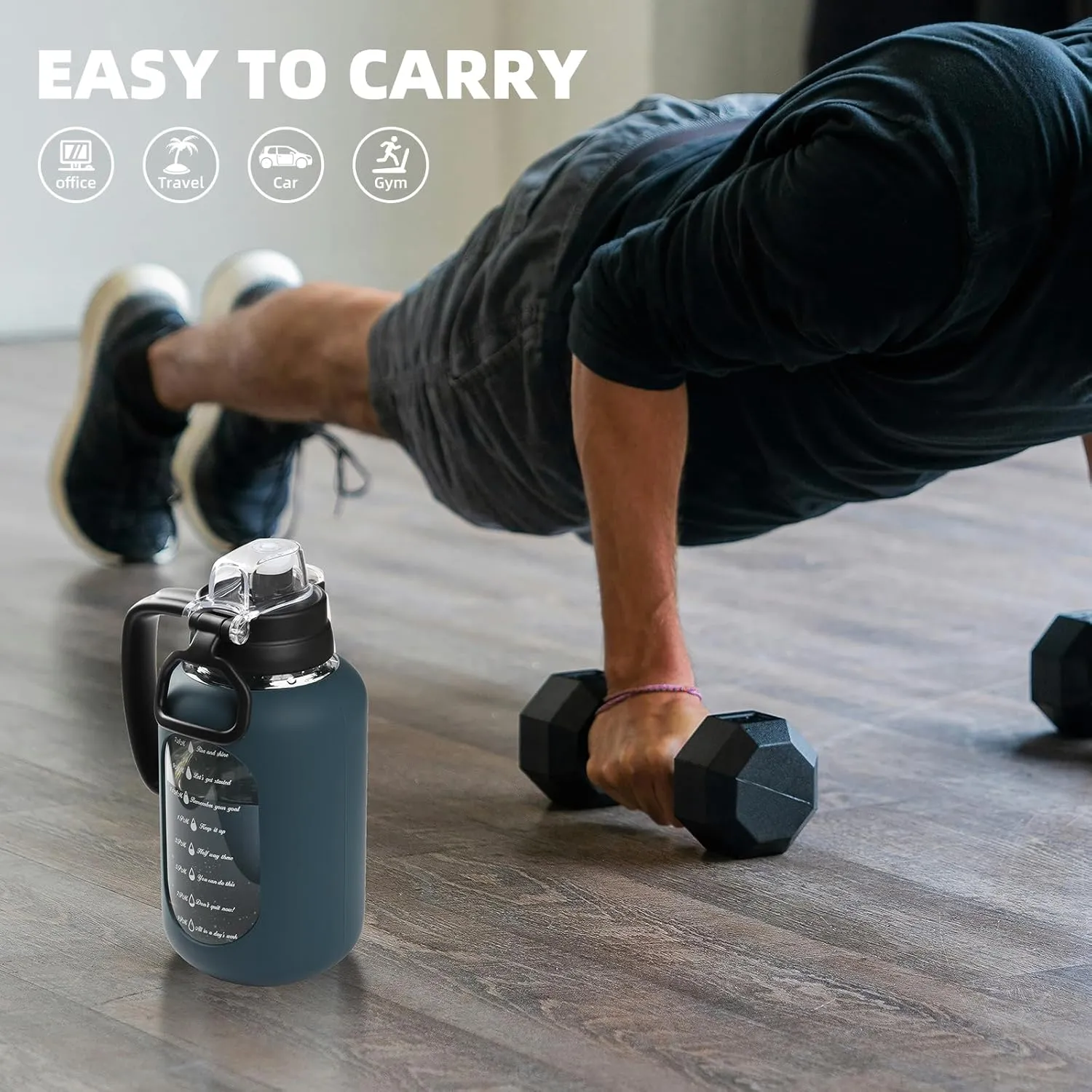 64oz Glass Water Bolttles Half Gallon Large Motivational Water Bottle with Time Marker Sports Water Bottles with Silicone Sleeve and Handle Lid Water Jug for Gym Workout-1 Pack