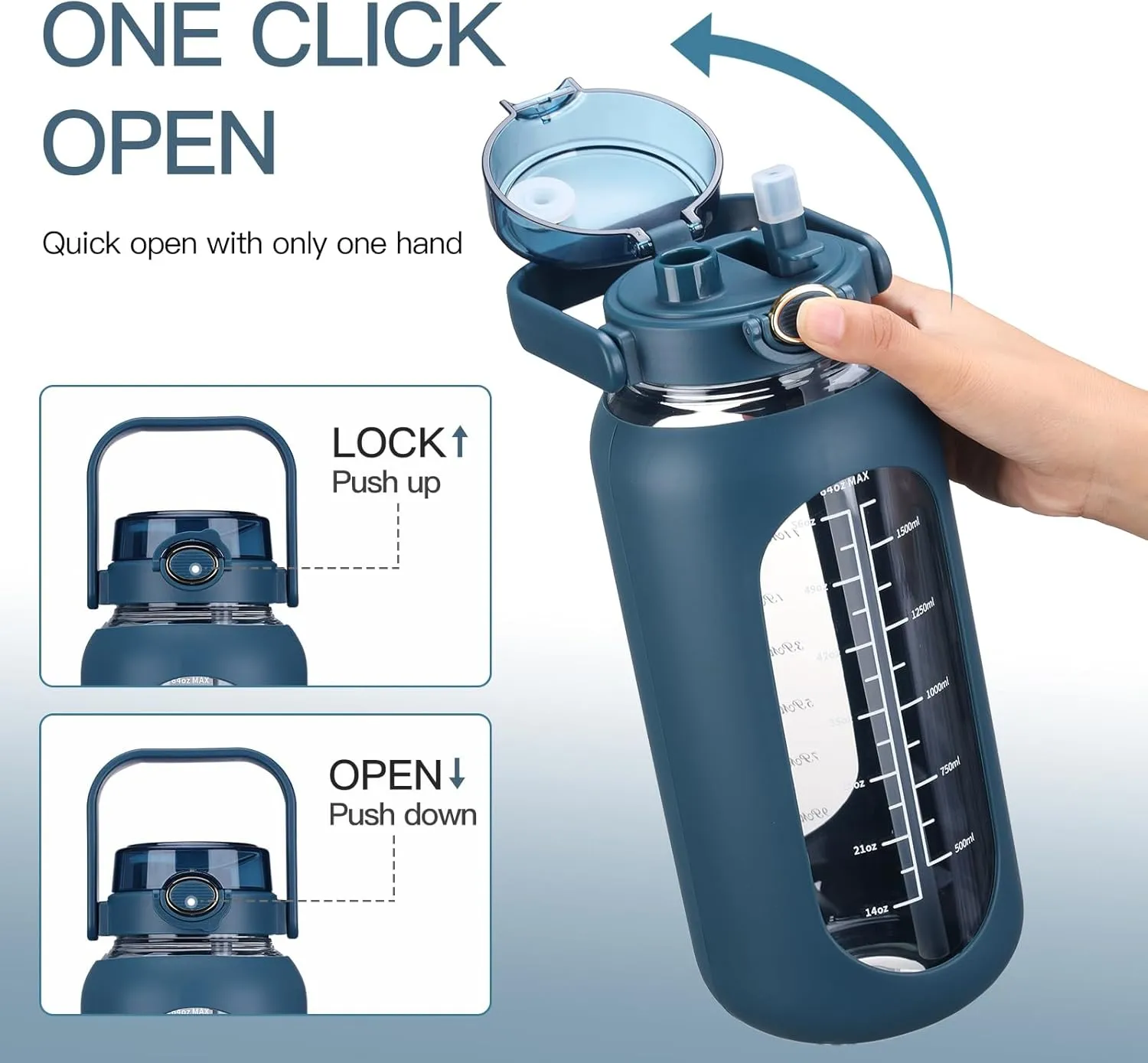64oz Glass Water Bolttles with Straw Half Gallon Large Motivational Water Bottle with Time Marker Sports Water Bottles with Silicone Sleeve and Handle Lid Water Jug for Gym Workout