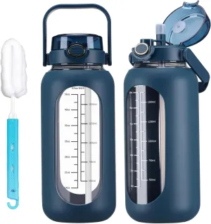64oz Glass Water Bolttles with Straw Half Gallon Large Motivational Water Bottle with Time Marker Sports Water Bottles with Silicone Sleeve and Handle Lid Water Jug for Gym Workout