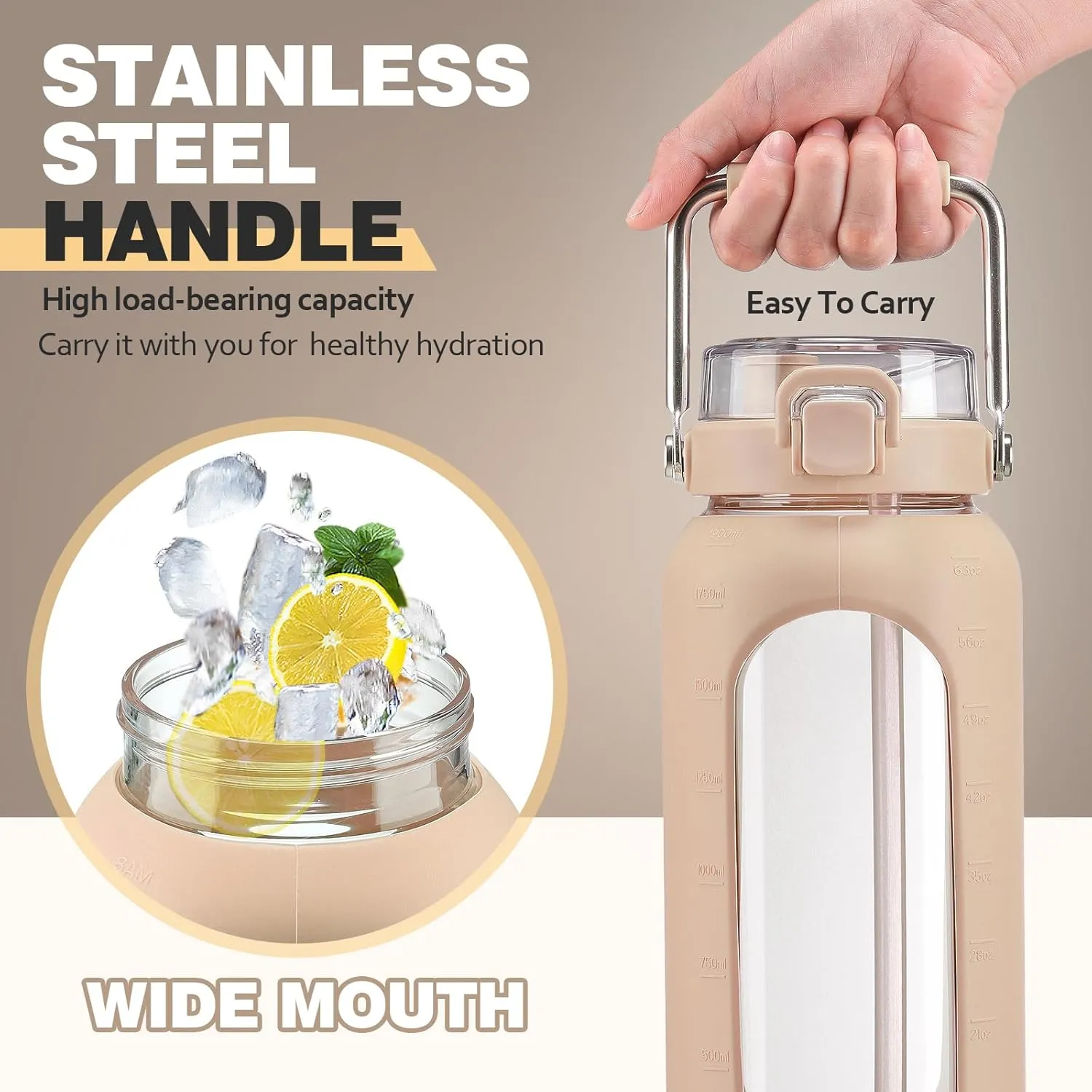 64oz Glass Water Bottle with Straw and Stainless Steel Handle, Half Gallon Motivational Bottle with Silicone Sleeve and Time Marker, Amber