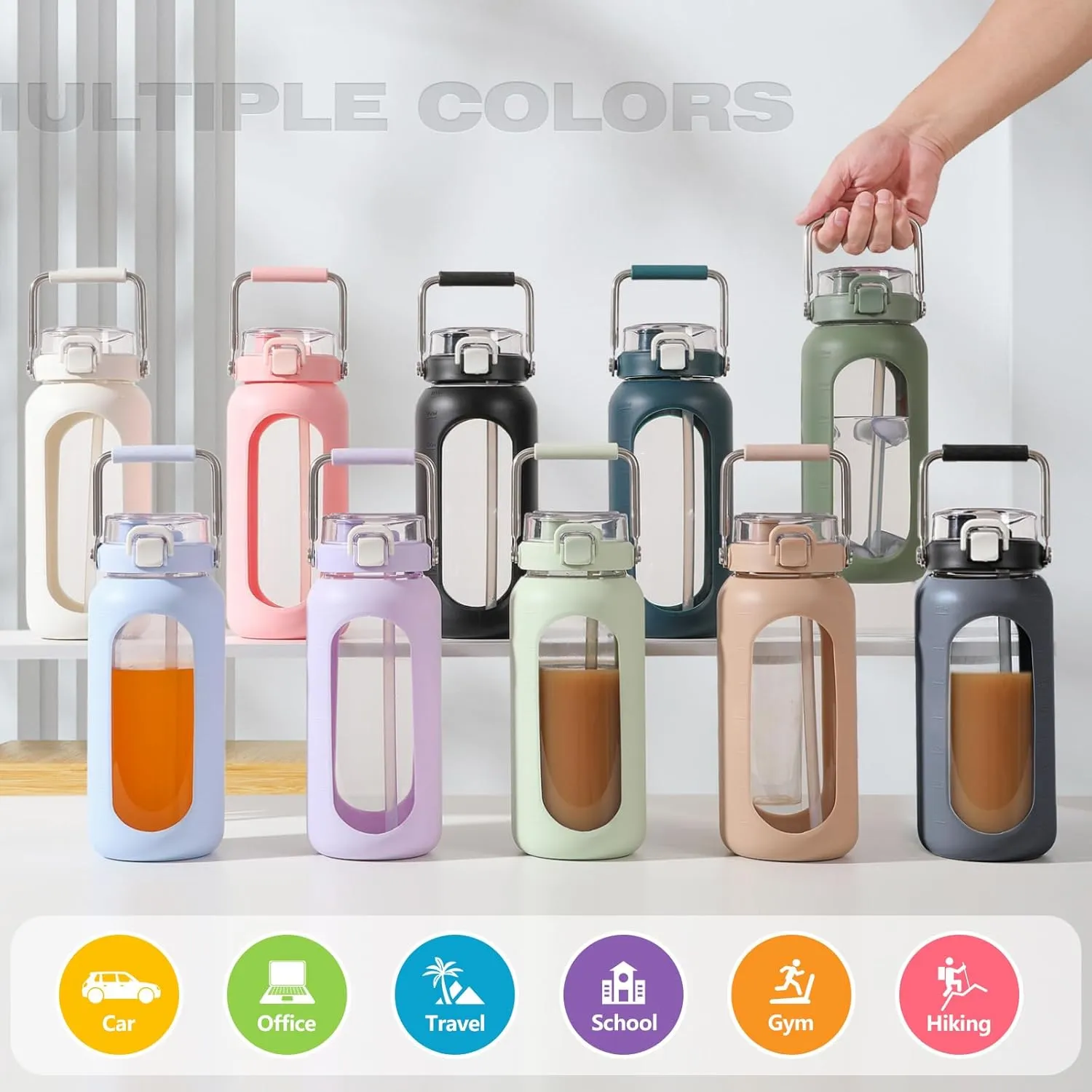 64oz Glass Water Bottle with Straw and Stainless Steel Handle, Half Gallon Motivational Bottle with Silicone Sleeve and Time Marker, Amber