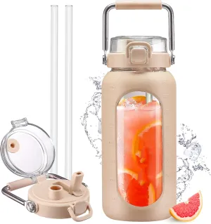 64oz Glass Water Bottle with Straw and Stainless Steel Handle, Half Gallon Motivational Bottle with Silicone Sleeve and Time Marker, Amber