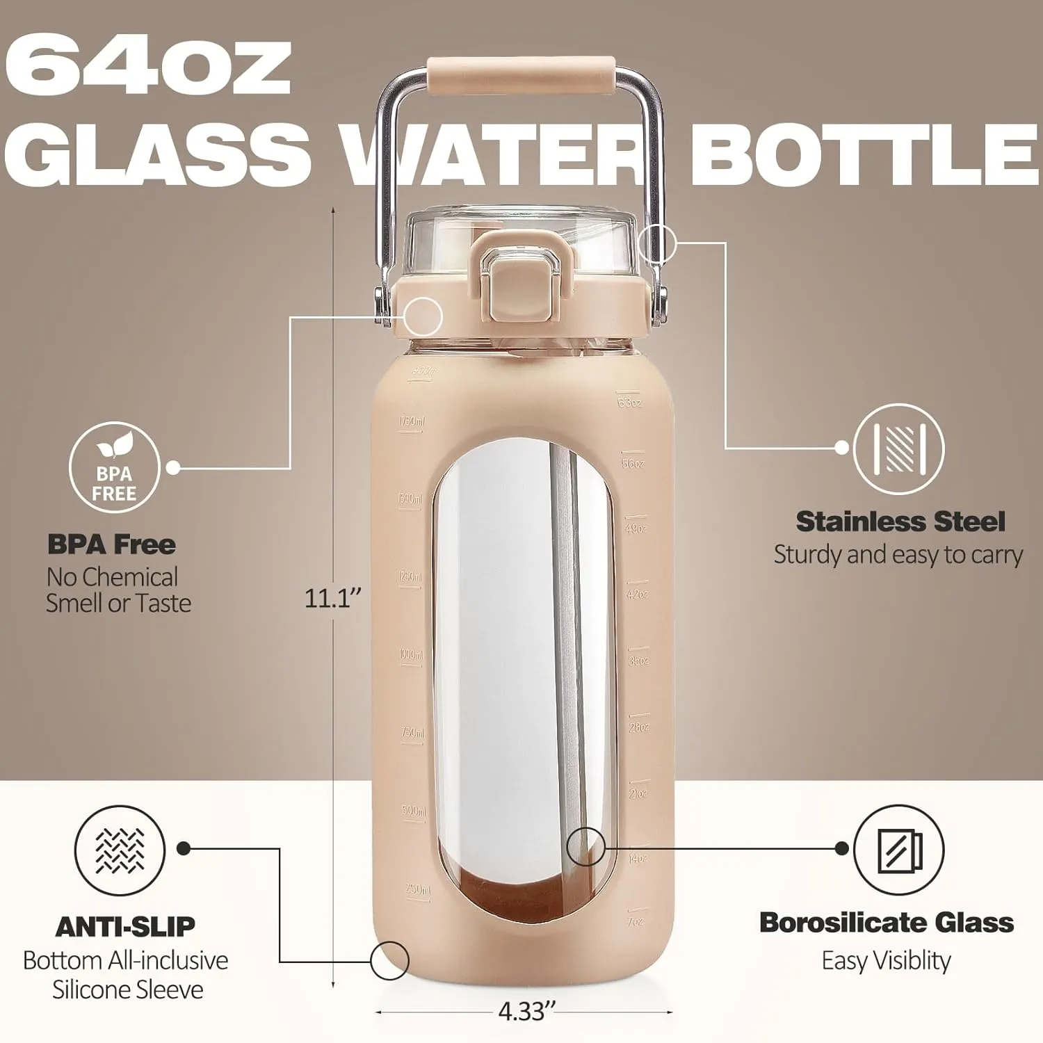 64oz Glass Water Bottle with Straw and Stainless Steel Handle, Half Gallon Motivational Bottle with Silicone Sleeve and Time Marker, Amber