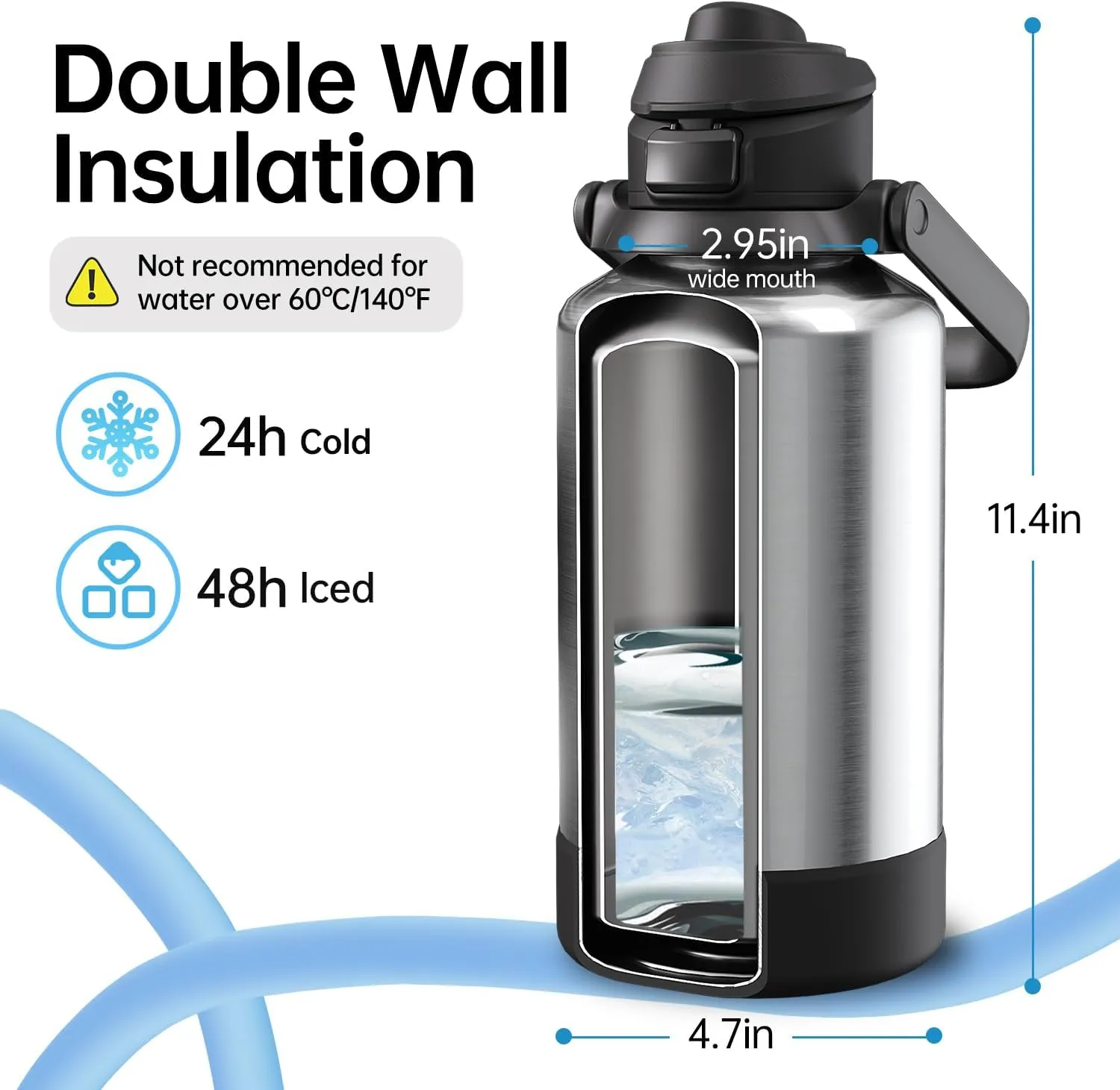 64oz Insulated Magnetic Water Bottle - Stainless Steel Vacuum Flask with MagSafe Compatible Phone Holder Keeps Drinks Cold for 24 Hours Water Jug for Gym and Outdoor Activities（Silver)