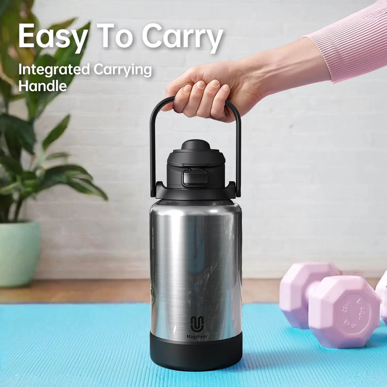 64oz Insulated Magnetic Water Bottle - Stainless Steel Vacuum Flask with MagSafe Compatible Phone Holder Keeps Drinks Cold for 24 Hours Water Jug for Gym and Outdoor Activities（Silver)