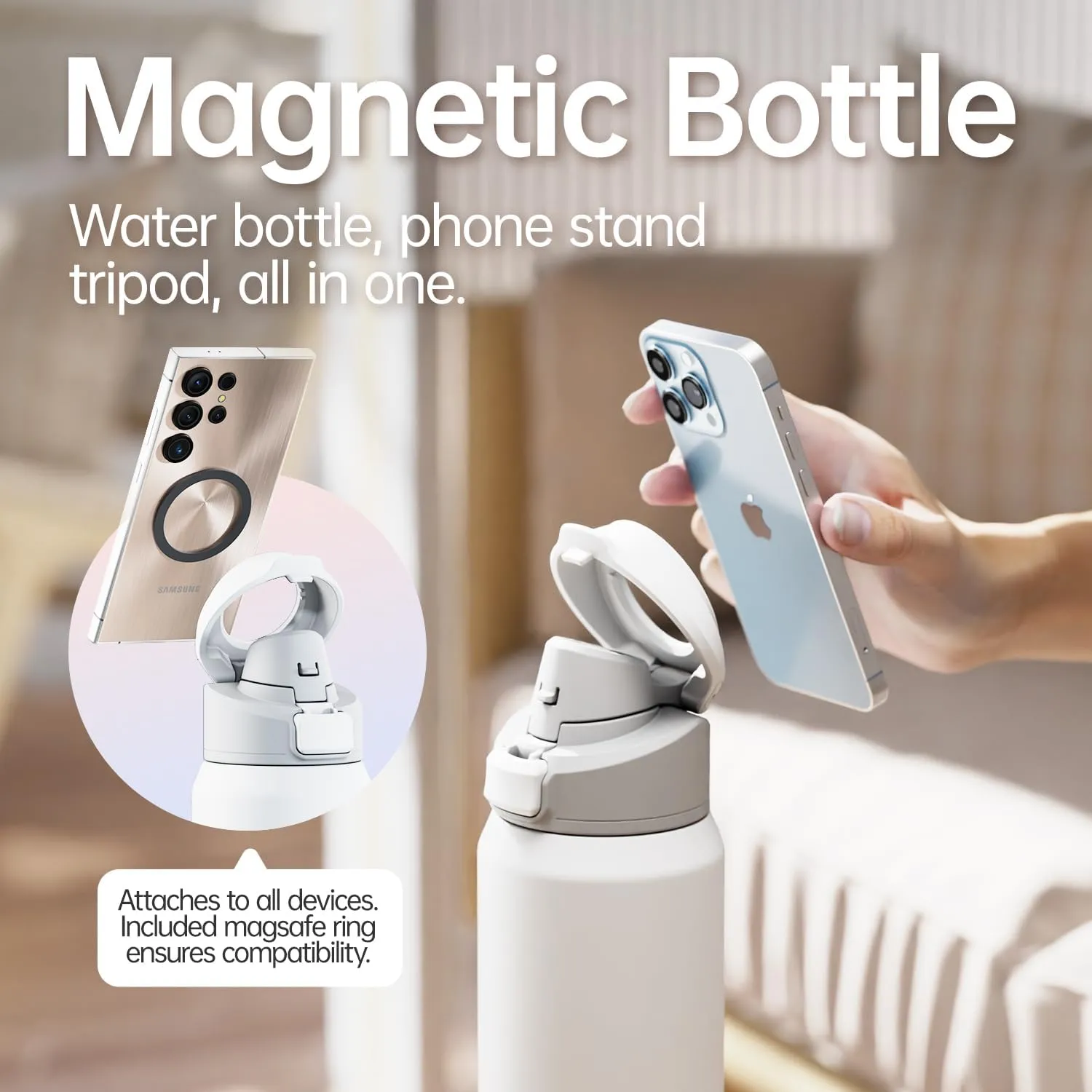 64oz Insulated Magnetic Water Bottle - Stainless Steel Vacuum Flask with MagSafe Compatible Phone Holder Keeps Drinks Cold for 24 Hours Water Jug for Gym and Outdoor Activities（Silver)