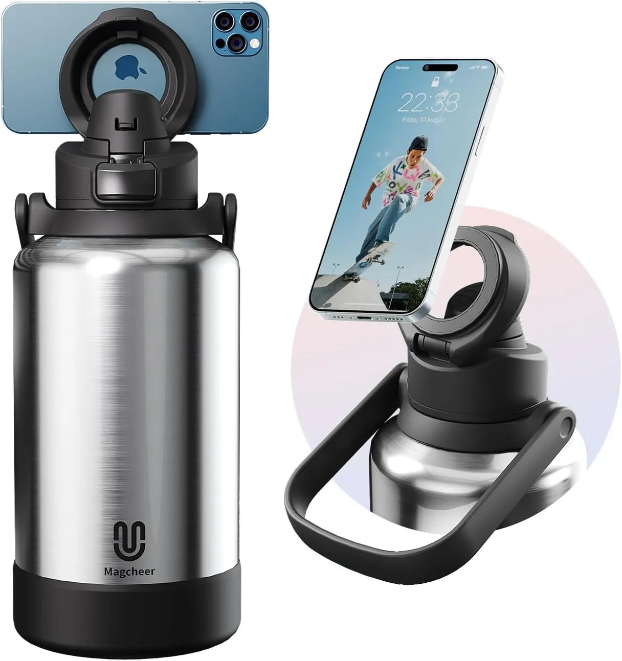 64oz Insulated Magnetic Water Bottle - Stainless Steel Vacuum Flask with MagSafe Compatible Phone Holder Keeps Drinks Cold for 24 Hours Water Jug for Gym and Outdoor Activities（Silver)