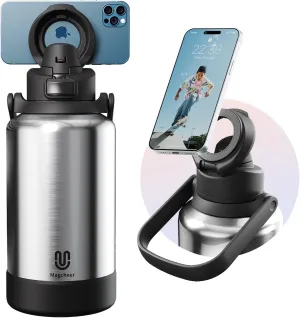 64oz Insulated Magnetic Water Bottle - Stainless Steel Vacuum Flask with MagSafe Compatible Phone Holder Keeps Drinks Cold for 24 Hours Water Jug for Gym and Outdoor Activities（Silver)