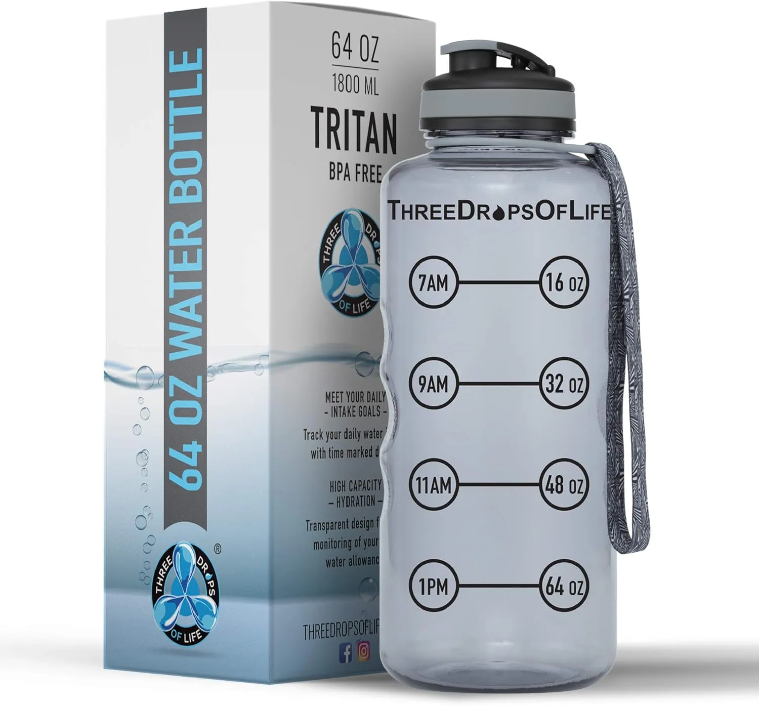 64oz Tritan Plastic Water Bottle, Large, Smoke Gray, High Capacity Hydration Tracker, BPA Free, Reusable, Best for Indoor, Outdoor, Sports Use