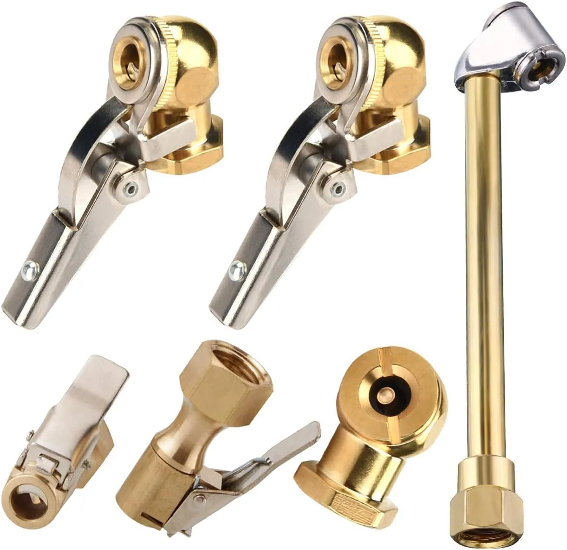 6Pcs 1/4 Inch Air Chuck Set FNPT Dual Head Air Chuck,Open Flow Chuck,Closed Flow Straight Tire Chuck with Clip for Inflator Pressure Gauge Compressor Accessories