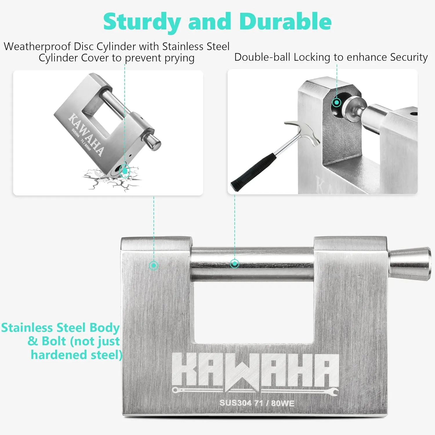 71/80-4PS Stainless Steel D-Shaped Padlock with Stainless Steel Keys for Garage Door, Containers, Shed, Locker and Warehouse (3-1/8 inch, Keyed Alike - 4 Pack)