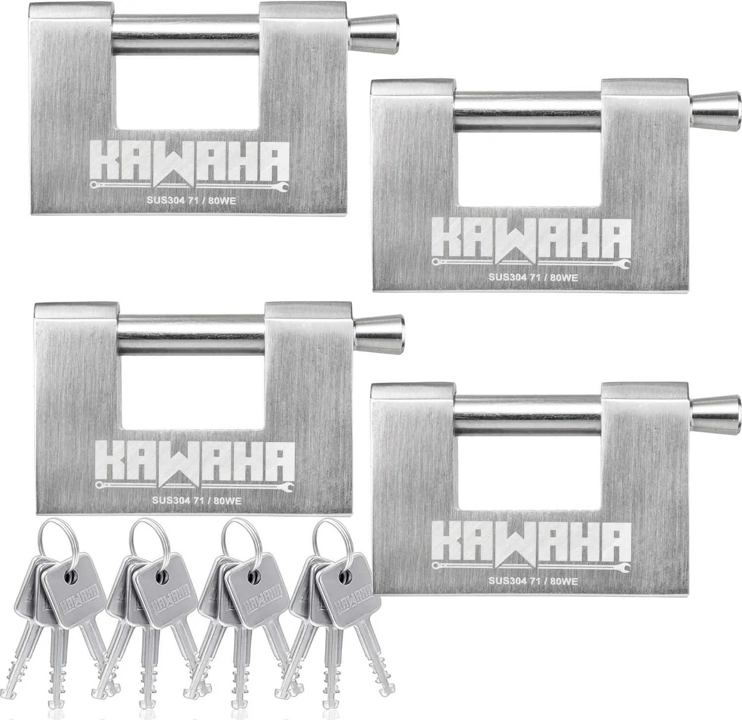 71/80-4PS Stainless Steel D-Shaped Padlock with Stainless Steel Keys for Garage Door, Containers, Shed, Locker and Warehouse (3-1/8 inch, Keyed Alike - 4 Pack)