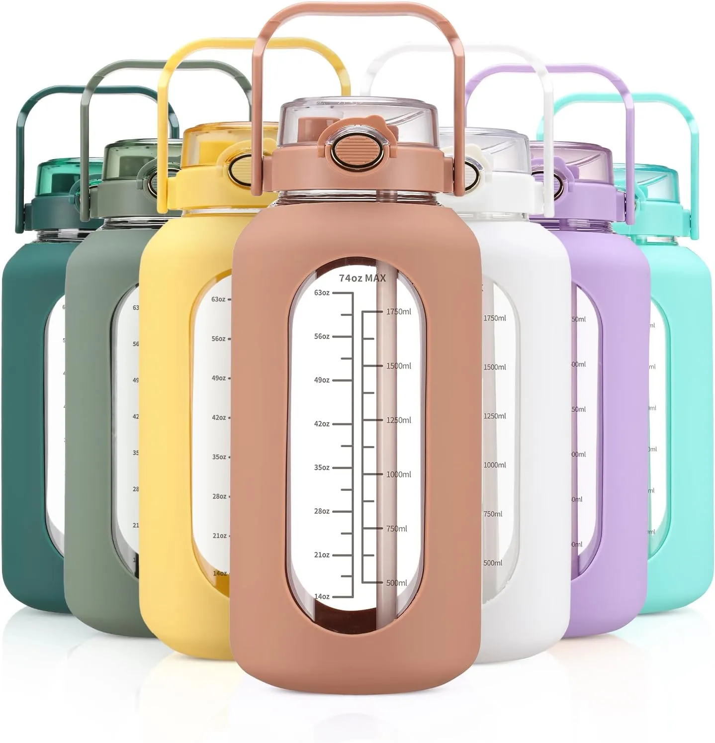 74 oz Glass Water Bolttles with Straw Large Motivational Water Bottle with Time Marker Sports Water Bottles with Silicone Sleeve and Handle Lid 2.2L Water Jug for Gym Workout