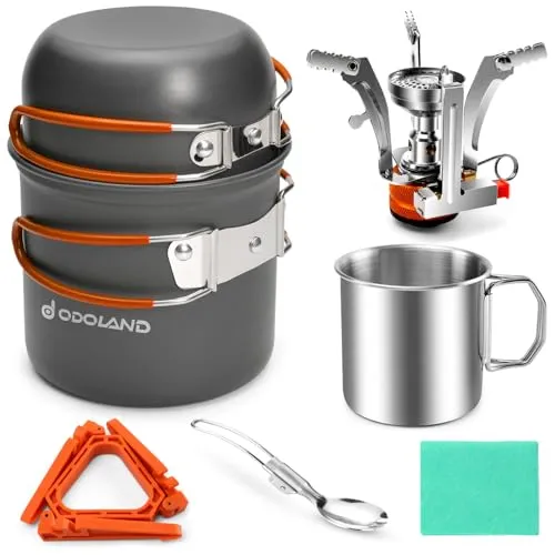 8pcs Camping Cookware Mess Kit,Camping Pot & Pan Set w/ Mini Backpacking Stove