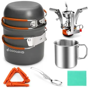 8pcs Camping Cookware Mess Kit,Camping Pot & Pan Set w/ Mini Backpacking Stove