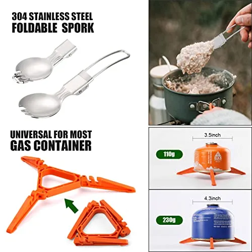8pcs Camping Cookware Mess Kit,Camping Pot & Pan Set w/ Mini Backpacking Stove