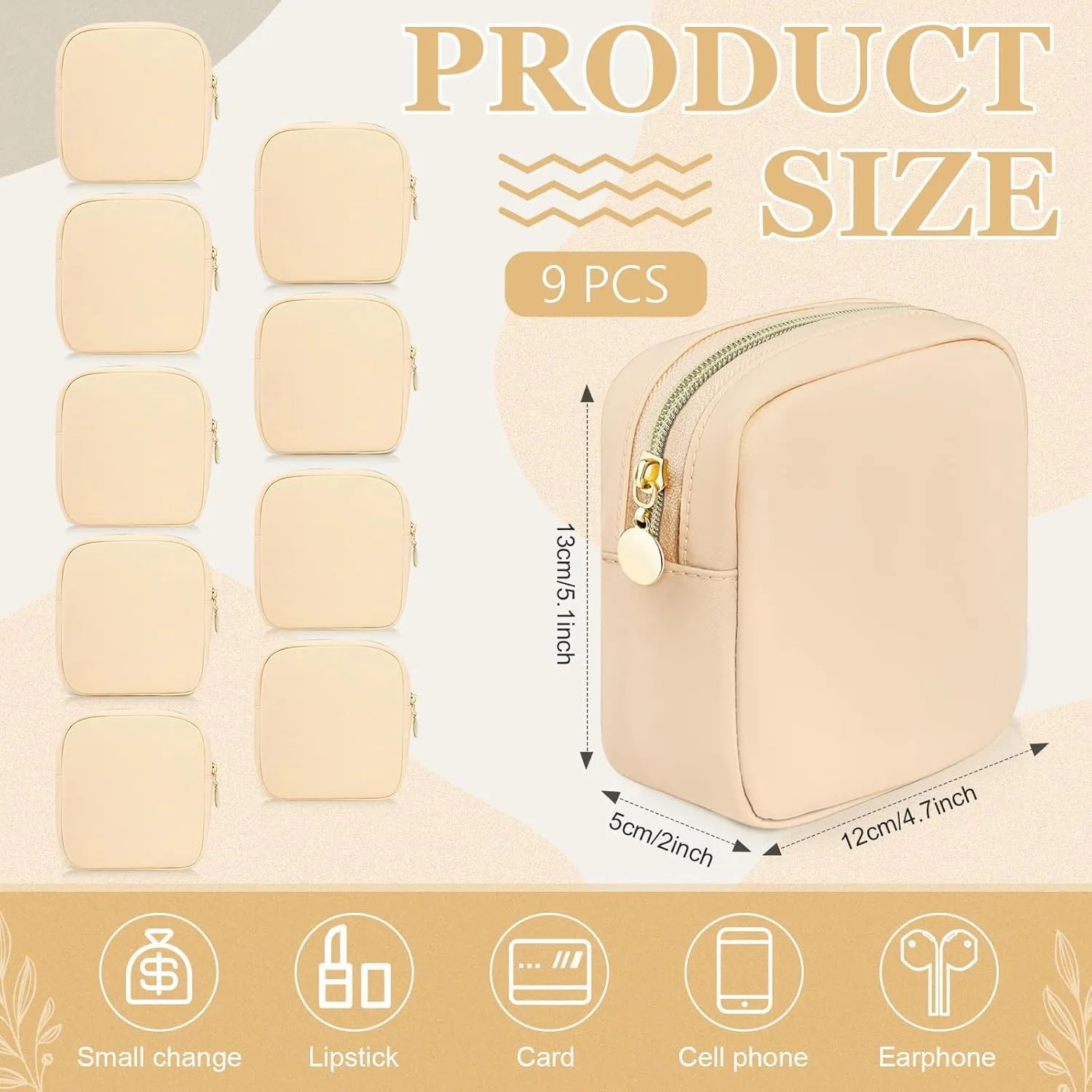 9 Pcs Mini Makeup Bags Bulk Nylon Cosmetic Bags Pouch for Purse Travel Bag Pouch Toiletry Organizer Pouches Bag for Women, Small Zipper Pouch Preppy Coin Purse for Custom Birthday Gifts (Beige)