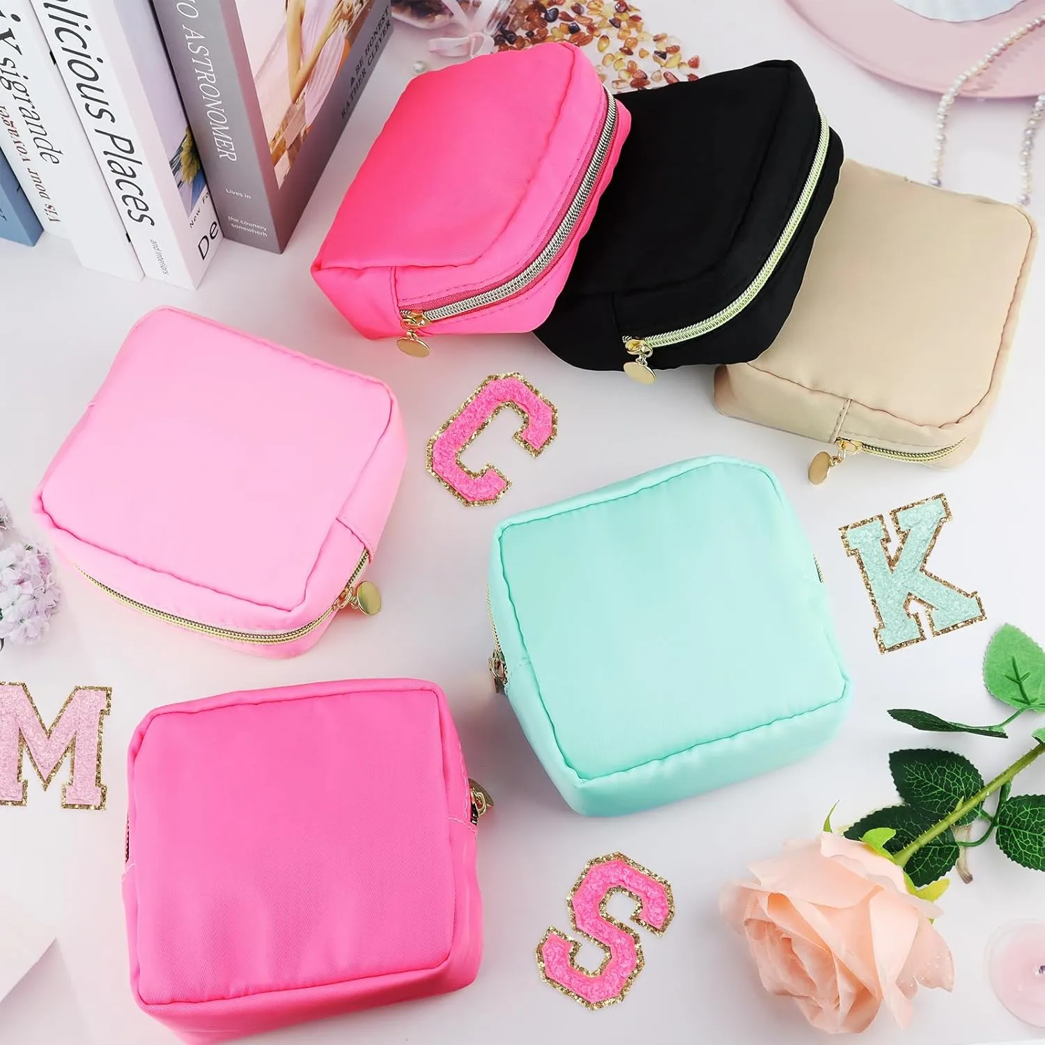 9 Pcs Mini Makeup Bags Bulk Nylon Cosmetic Bags Pouch for Purse Travel Bag Pouch Toiletry Organizer Pouches Bag for Women, Small Zipper Pouch Preppy Coin Purse for Custom Birthday Gifts (Beige)