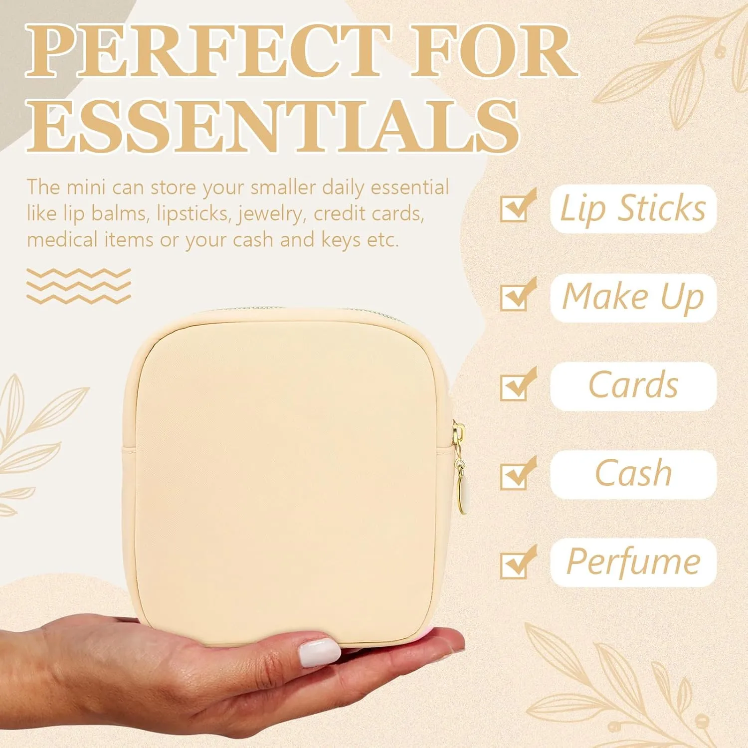 9 Pcs Mini Makeup Bags Bulk Nylon Cosmetic Bags Pouch for Purse Travel Bag Pouch Toiletry Organizer Pouches Bag for Women, Small Zipper Pouch Preppy Coin Purse for Custom Birthday Gifts (Beige)