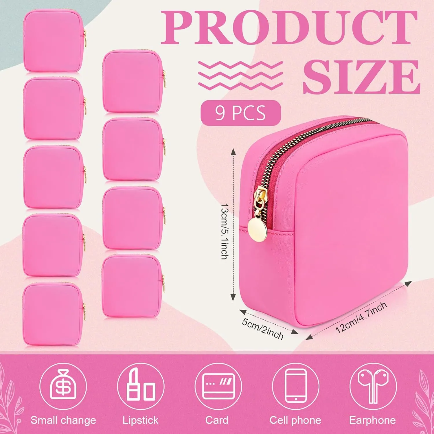 9 Pcs Mini Makeup Bags Bulk Nylon Cosmetic Bags Pouch for Purse Travel Bag Pouch Toiletry Organizer Pouches Bag for Women, Small Zipper Pouch Preppy Coin Purse for Custom Birthday Gifts (Hot pink)