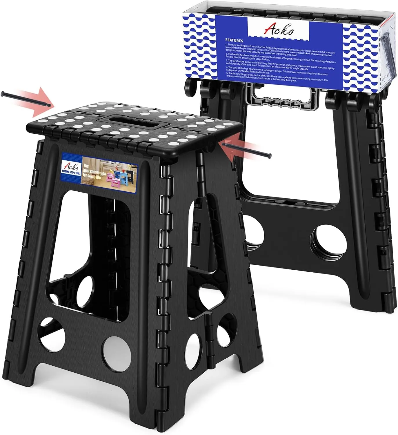 ACKO Folding Step Stool Foldable 17.5 Inch 400 lbs Capacity, Plastic Stools for Adults and Kids, Collapsible Stools for Kitchen, Stepping Stool with Handle (Black)