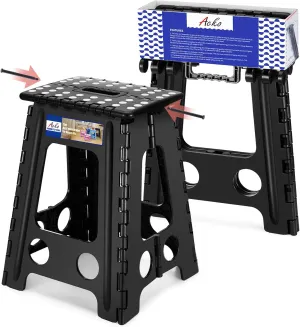 ACKO Folding Step Stool Foldable 17.5 Inch 400 lbs Capacity, Plastic Stools for Adults and Kids, Collapsible Stools for Kitchen, Stepping Stool with Handle (Black)