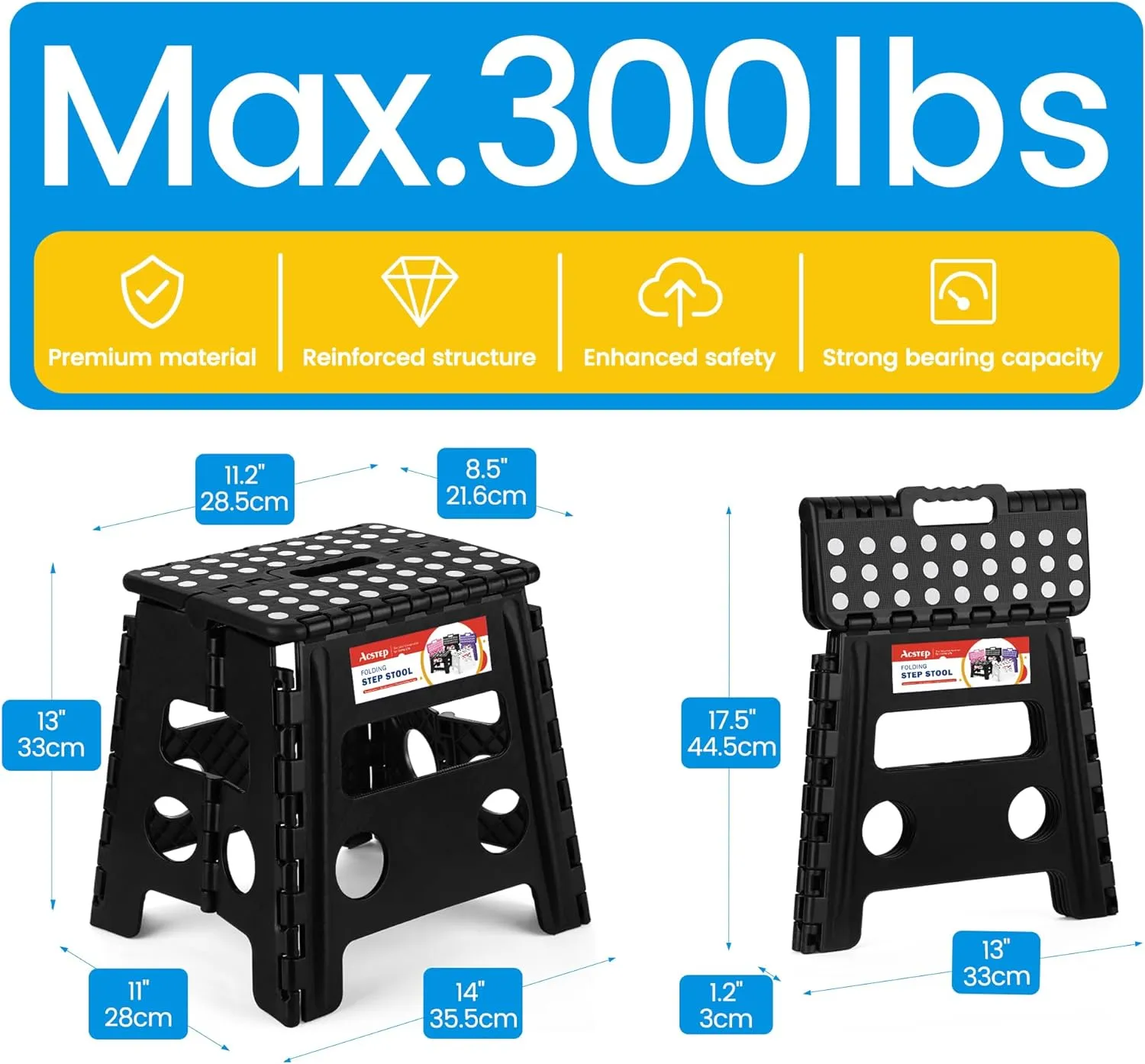 ACSTEP Folding Step Stool - 13 inch Height Premium Heavy Duty Foldable Stool for Adults, Kitchen Garden Bathroom Stepping Stool (1 Pack) Black