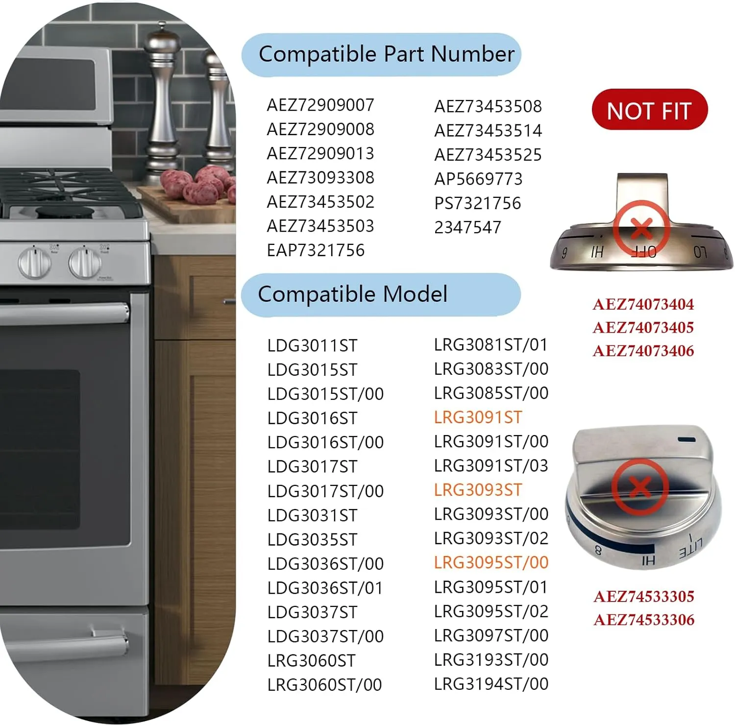 AEZ73453509 Stove Knobs Replacements Compatible with lg Gas Range Oven Stove LRG3085ST LRG3095ST LRG3081ST LRG3091ST LRG3093ST,AEZ72909008 AP5669773 Knobs Compatible with lg Stove,3-Year Support