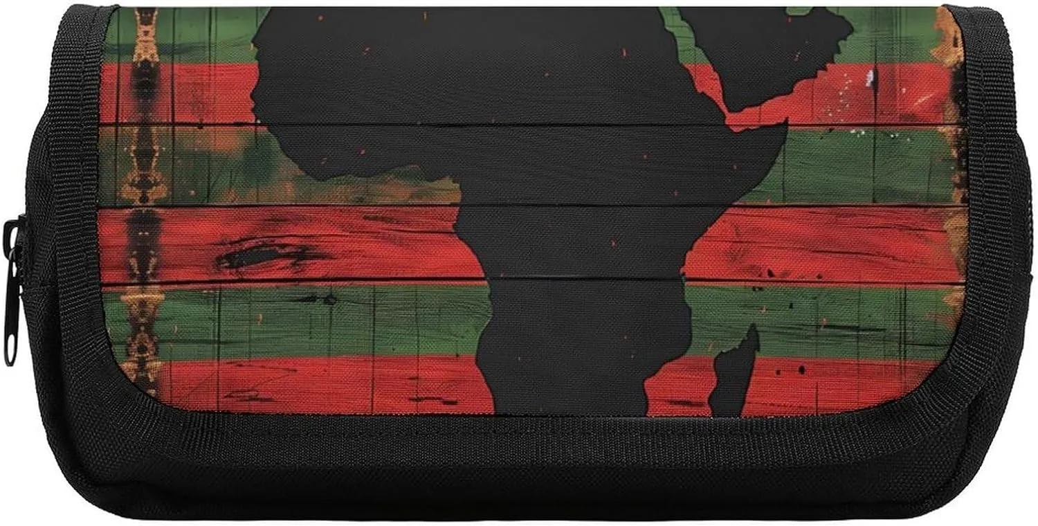 African American Flag Afro Map Wood Pencil Case Portable Pencil Pouch Pen Bag Large Capacity Stationery Bag for Home Office