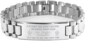 Air Traffic Controller Bracelet, If at first you don't succeed, try doing what your athletic trainer told you to do the first time., Stainless Steel Courage Inspirational Wristband, Ladder Style