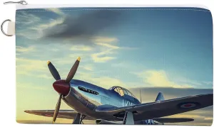 Airplane Vintage Aviation Fighter Coin Purse Canvas Change Pouch Portable Pocket Wallet Mini Storage Bag with Zippered Keychain