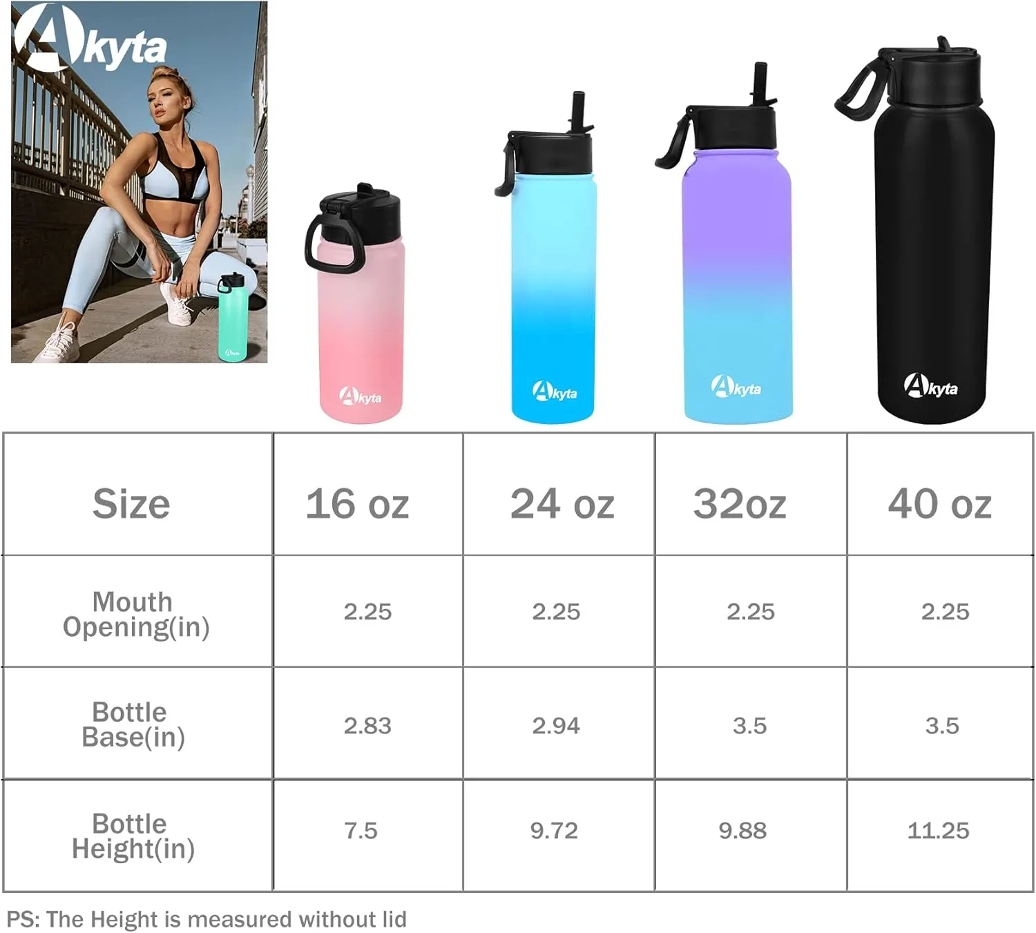 Akyta 24 Oz Water Bottle, Sports Water Bottle with Straw Lid, Vacuum-Insulated Stainless-Steel, Double-walled Thermos Water Bottle for Hiking Biking (24 OZ, Purple Blue)