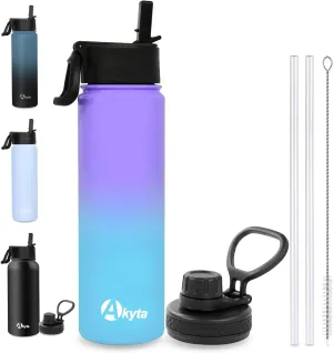Akyta 24 Oz Water Bottle, Sports Water Bottle with Straw Lid, Vacuum-Insulated Stainless-Steel, Double-walled Thermos Water Bottle for Hiking Biking (24 OZ, Purple Blue)