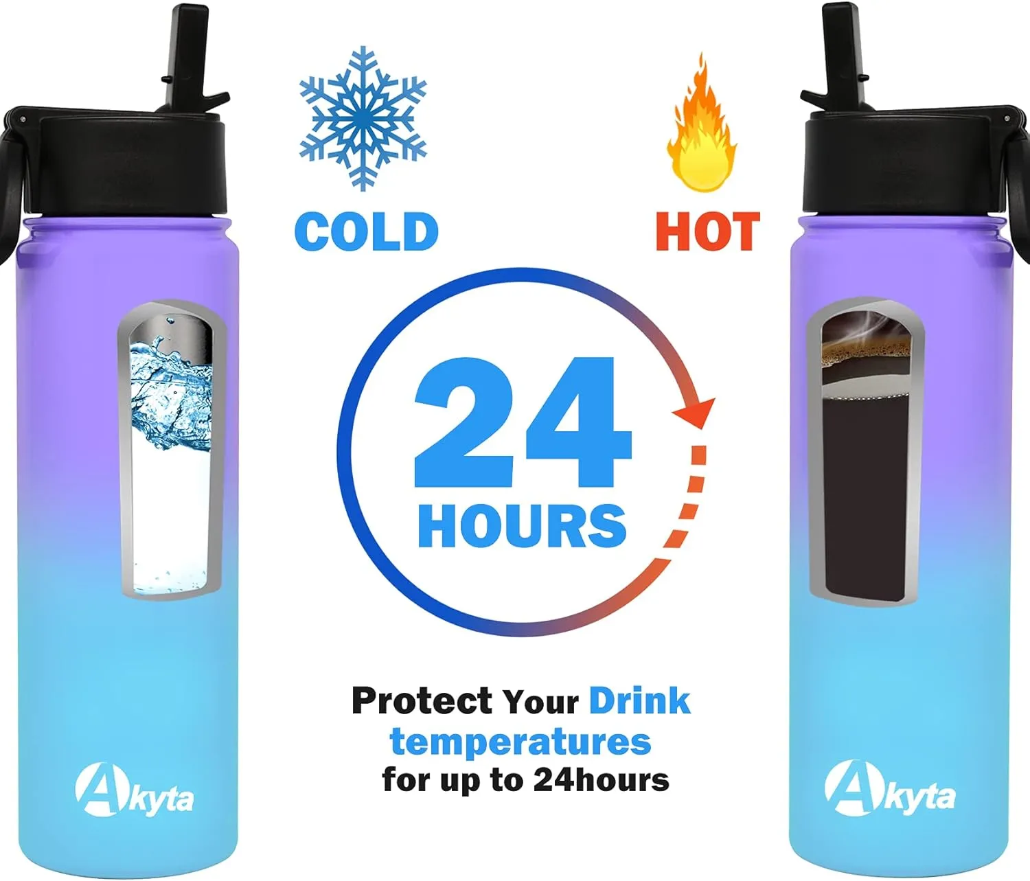 Akyta 24 Oz Water Bottle, Sports Water Bottle with Straw Lid, Vacuum-Insulated Stainless-Steel, Double-walled Thermos Water Bottle for Hiking Biking (24 OZ, Purple Blue)