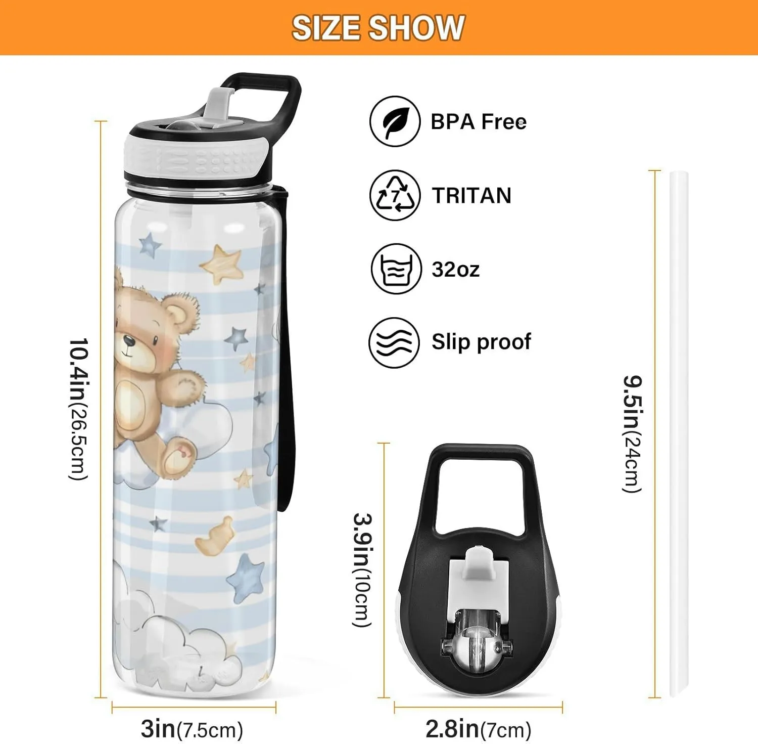 ALAZA Cartoon Bear White Clouds Stars Line Sport Water Bottle with Straw Lid 32 oz Clear Bottle BPA Free Tritan Plastic Leakproof Jugs Large Flip Top for Kids Boys Girls