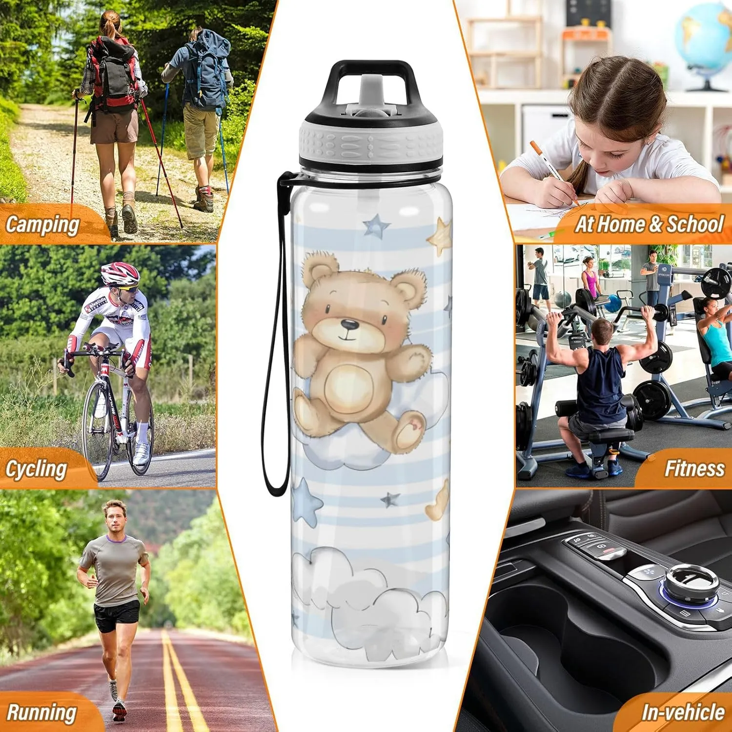 ALAZA Cartoon Bear White Clouds Stars Line Sport Water Bottle with Straw Lid 32 oz Clear Bottle BPA Free Tritan Plastic Leakproof Jugs Large Flip Top for Kids Boys Girls