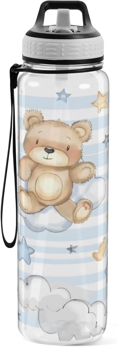 ALAZA Cartoon Bear White Clouds Stars Line Sport Water Bottle with Straw Lid 32 oz Clear Bottle BPA Free Tritan Plastic Leakproof Jugs Large Flip Top for Kids Boys Girls