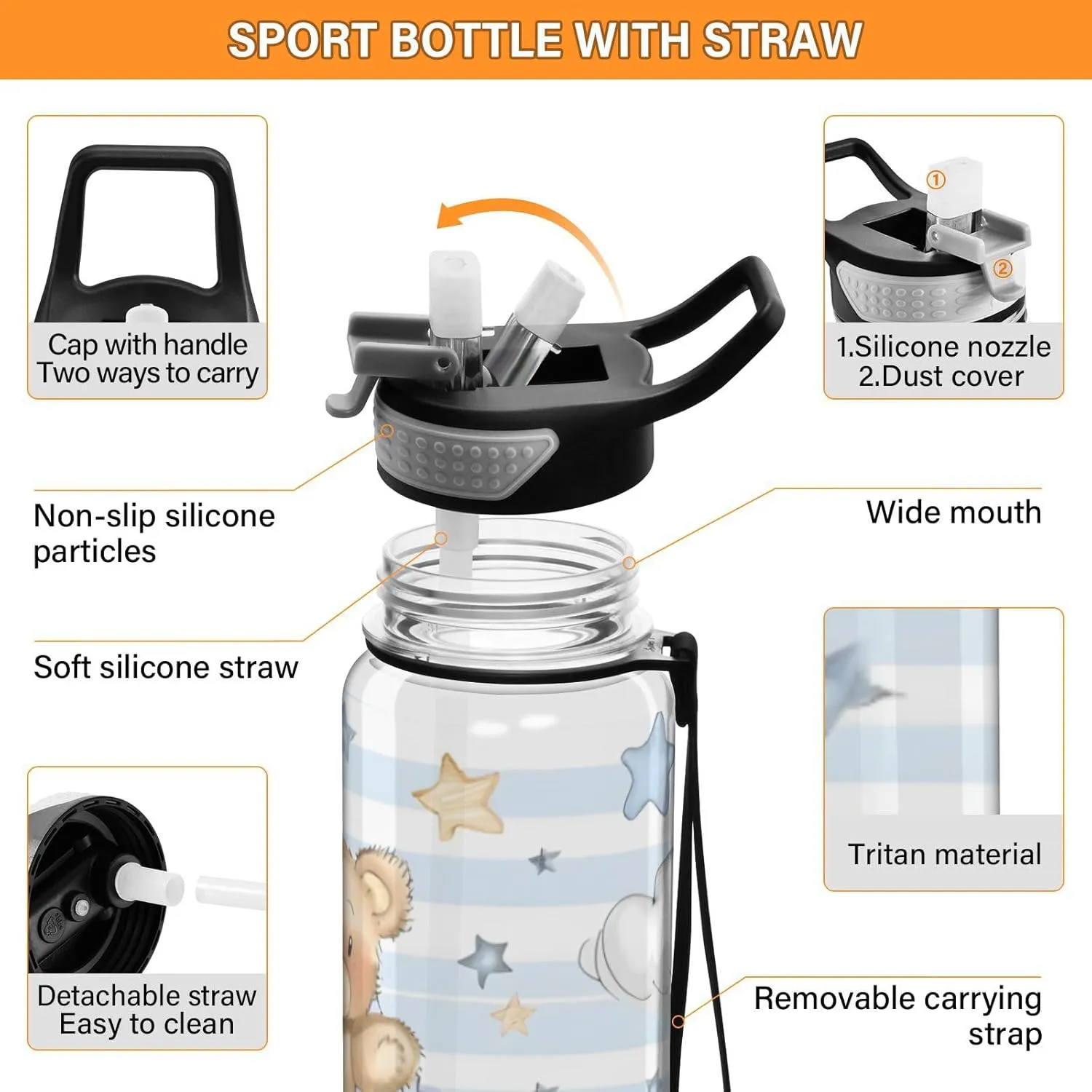 ALAZA Cartoon Bear White Clouds Stars Line Sport Water Bottle with Straw Lid 32 oz Clear Bottle BPA Free Tritan Plastic Leakproof Jugs Large Flip Top for Kids Boys Girls