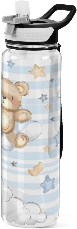 ALAZA Cartoon Bear White Clouds Stars Line Sport Water Bottle with Straw Lid 32 oz Clear Bottle BPA Free Tritan Plastic Leakproof Jugs Large Flip Top for Kids Boys Girls