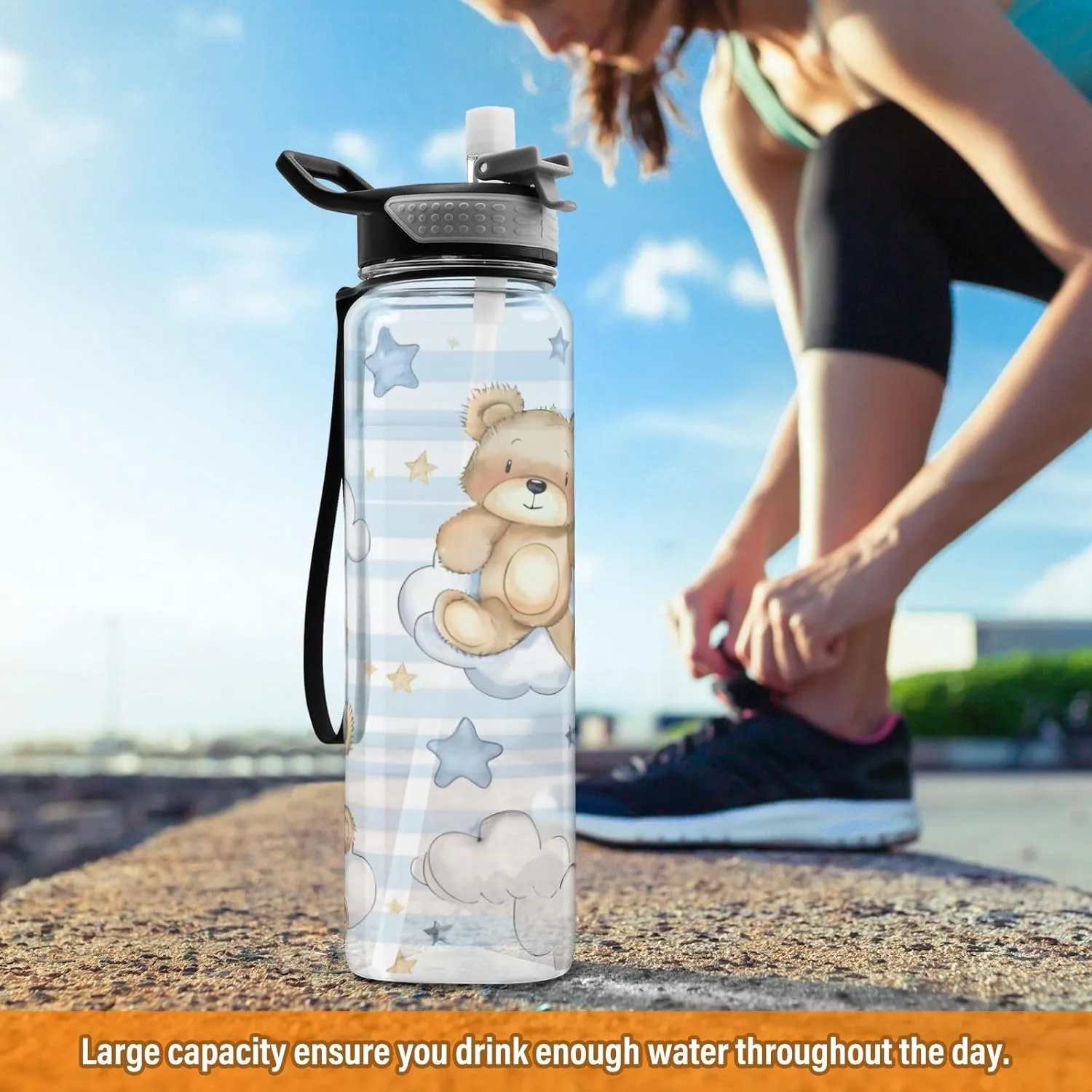 ALAZA Cartoon Bear White Clouds Stars Line Sport Water Bottle with Straw Lid 32 oz Clear Bottle BPA Free Tritan Plastic Leakproof Jugs Large Flip Top for Kids Boys Girls