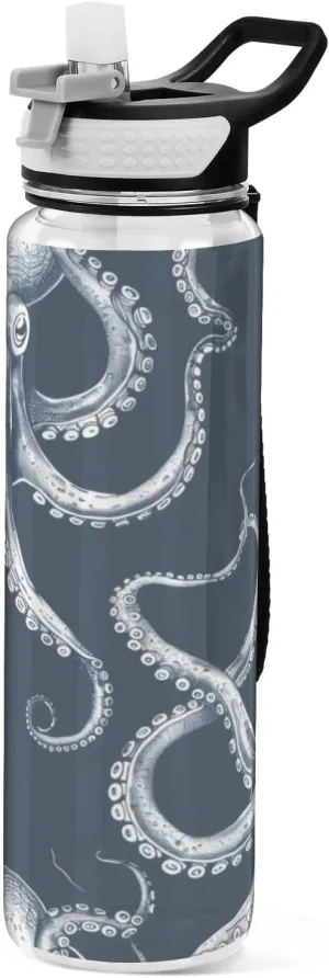 ALAZA Octopus Squid Sea Horse Sport Water Bottle with Straw Lid 32 oz Clear Bottle BPA Free Tritan Plastic Leakproof Jugs Large Flip Top for Kids Boys Girls